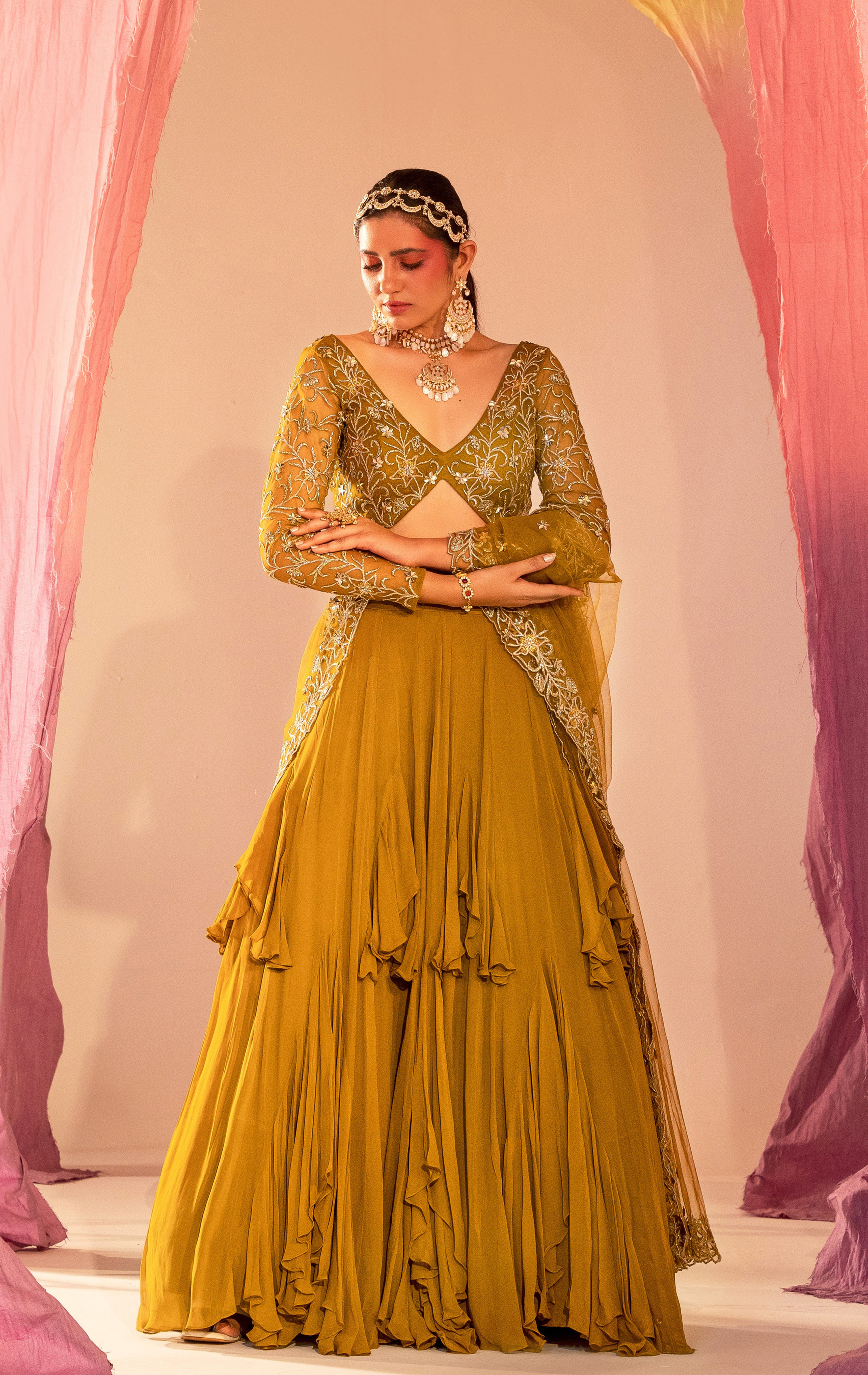 Light Brown - Fully Embroidered V neck Saree / Lehenga blouse - With C –  Prachy Creations