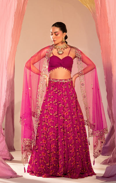 Ruching Blouse With Printed Lehenga  And Embroidered Dupatta Set