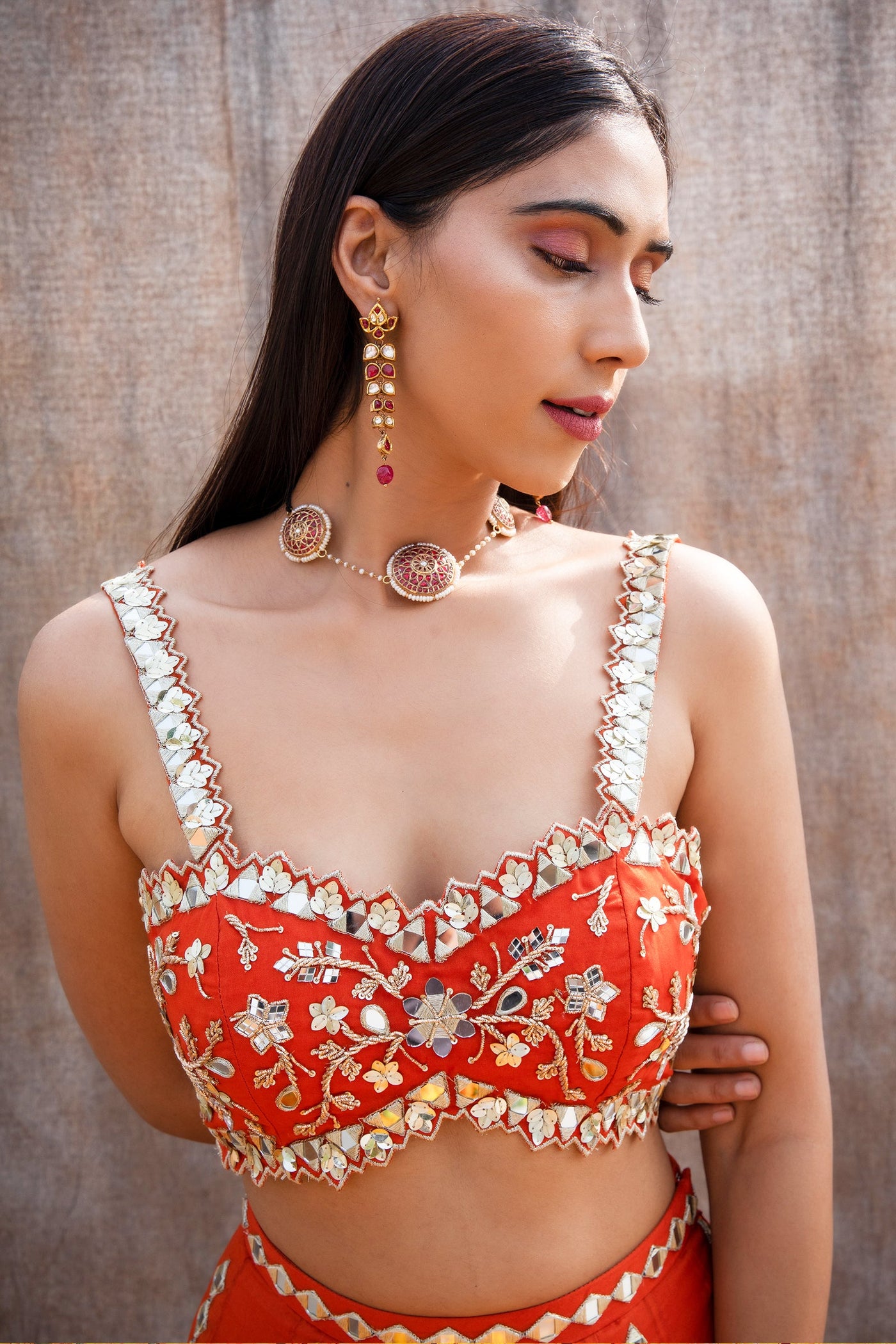 Bhavdeep Kaur in Mirror Work V-Hem Bustier With High Waist Mirror Lines Lehenga And Embroidered Dupatta