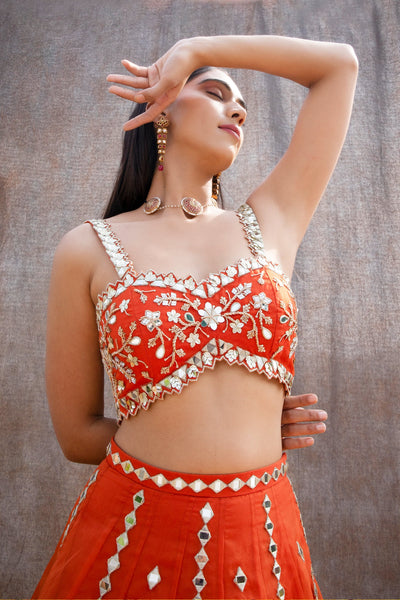 Bhavdeep Kaur in Mirror Work V-Hem Bustier With High Waist Mirror Lines Lehenga And Embroidered Dupatta