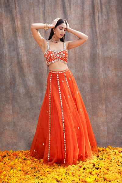 Bhavdeep Kaur in Mirror Work V-Hem Bustier With High Waist Mirror Lines Lehenga And Embroidered Dupatta