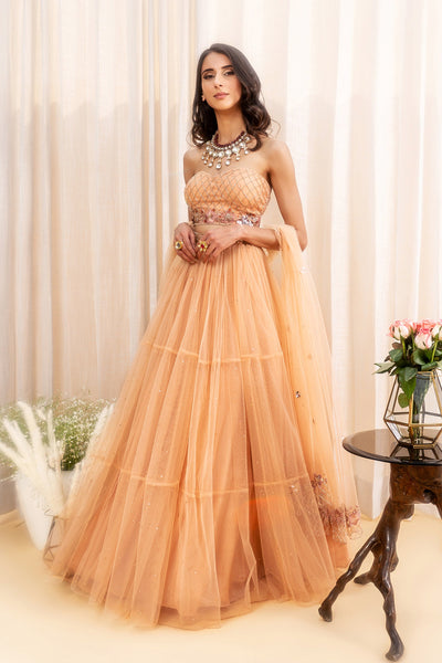 Swati Verma in Tulle Floral Embroidered Corset With 3-Tiered Crystal Embellished Lehenga & Embroidered Border Dupatta