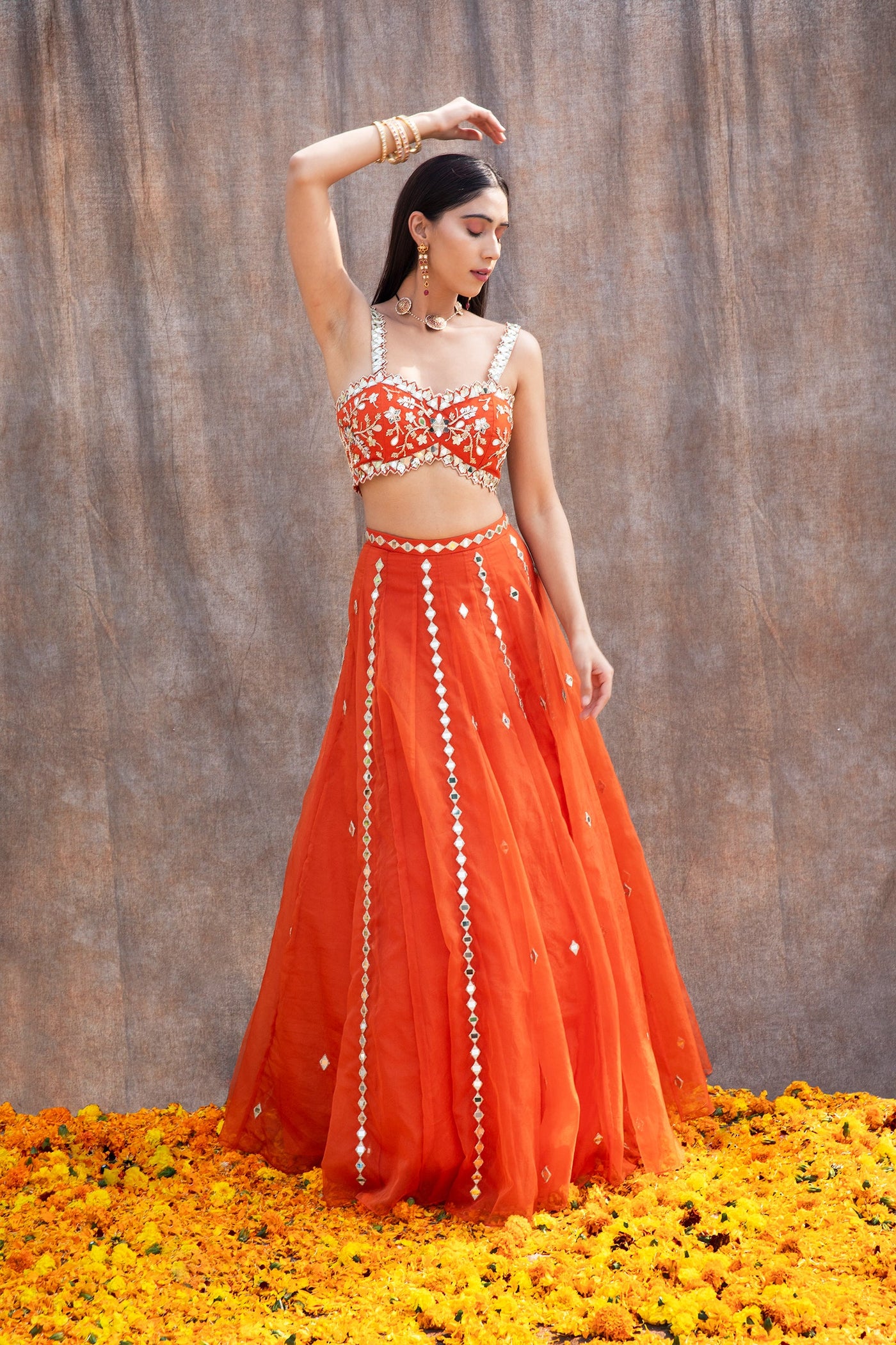 Bhavdeep Kaur in Mirror Work V-Hem Bustier With High Waist Mirror Lines Lehenga And Embroidered Dupatta