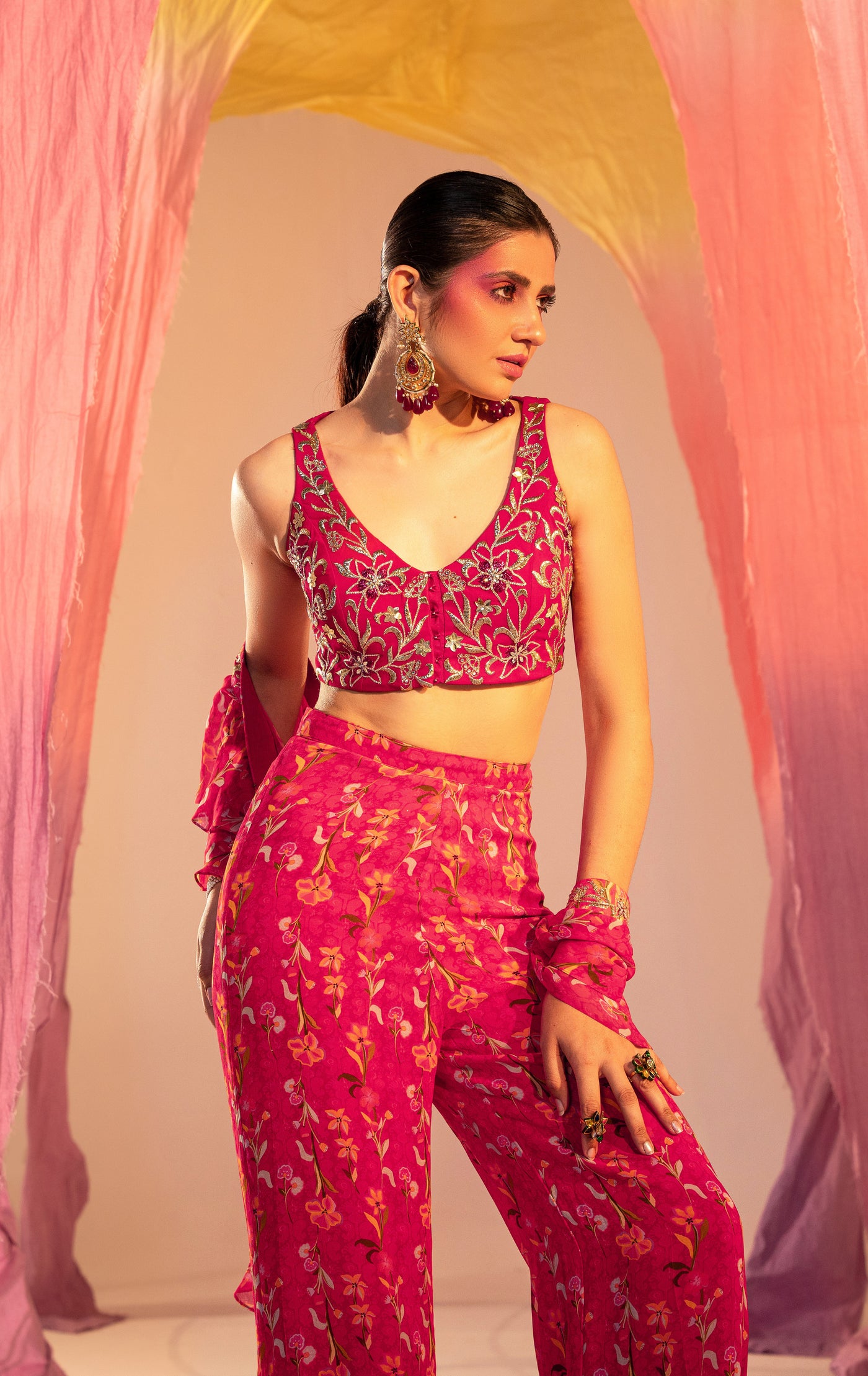 Embroidered V Hem Blouse And Printed Straight Pants With Frill Dupatta Set