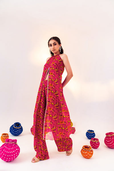PRINTED CENTRE CUT HALTER NECK TUNIC AND STRAIGHT PANT SET