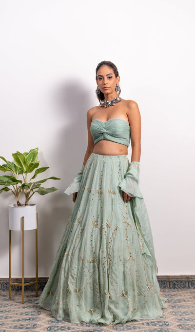 Kavita Arora in Organza Ruchhed Bustier With Embroidered High Waist Lehenga And Frill Dupatta (Straps Can Be Added)