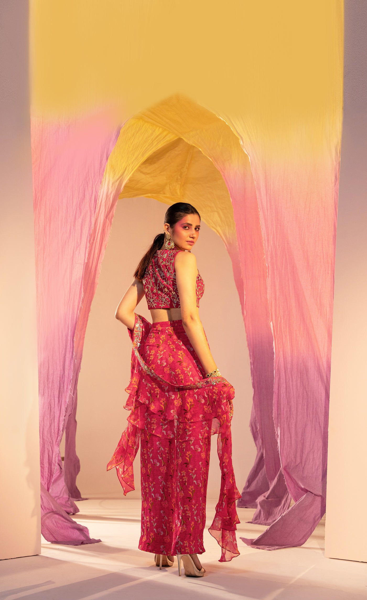 Embroidered V Hem Blouse And Printed Straight Pants With Frill Dupatta Set