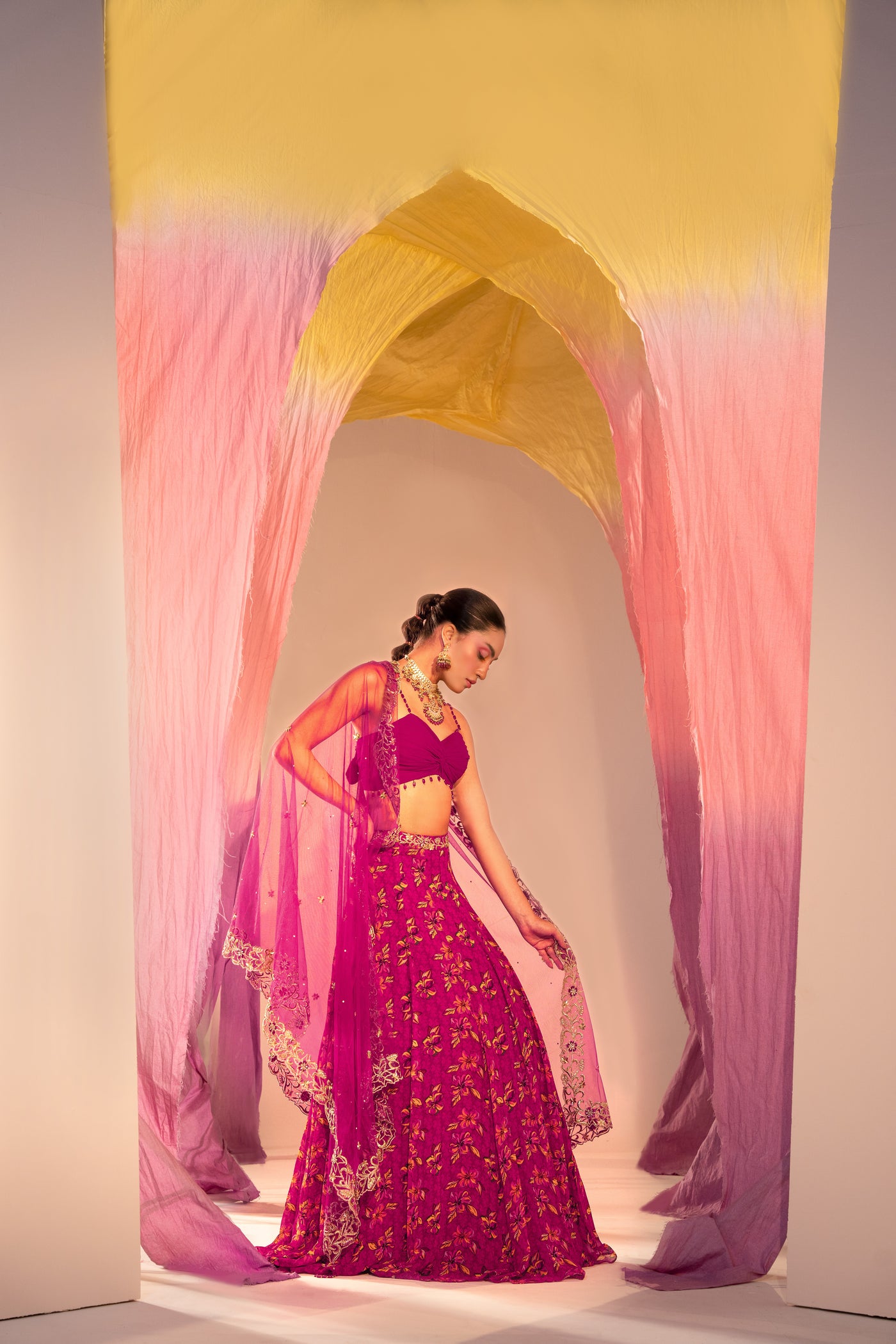 Ruching Blouse With Printed Lehenga  And Embroidered Dupatta Set