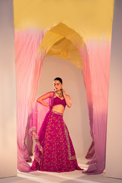 Ruching Blouse With Printed Lehenga  And Embroidered Dupatta Set