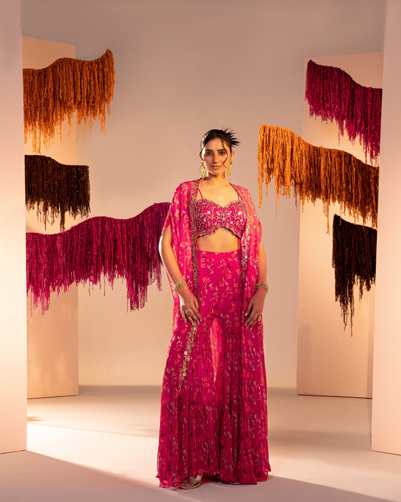Printed Cape With  Embroidered Tube Blouse And Printed Straight Pants