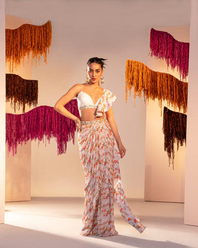 Printed Draped Skirt With Frill Dupatta | Georgette Bralette With Draped Saree