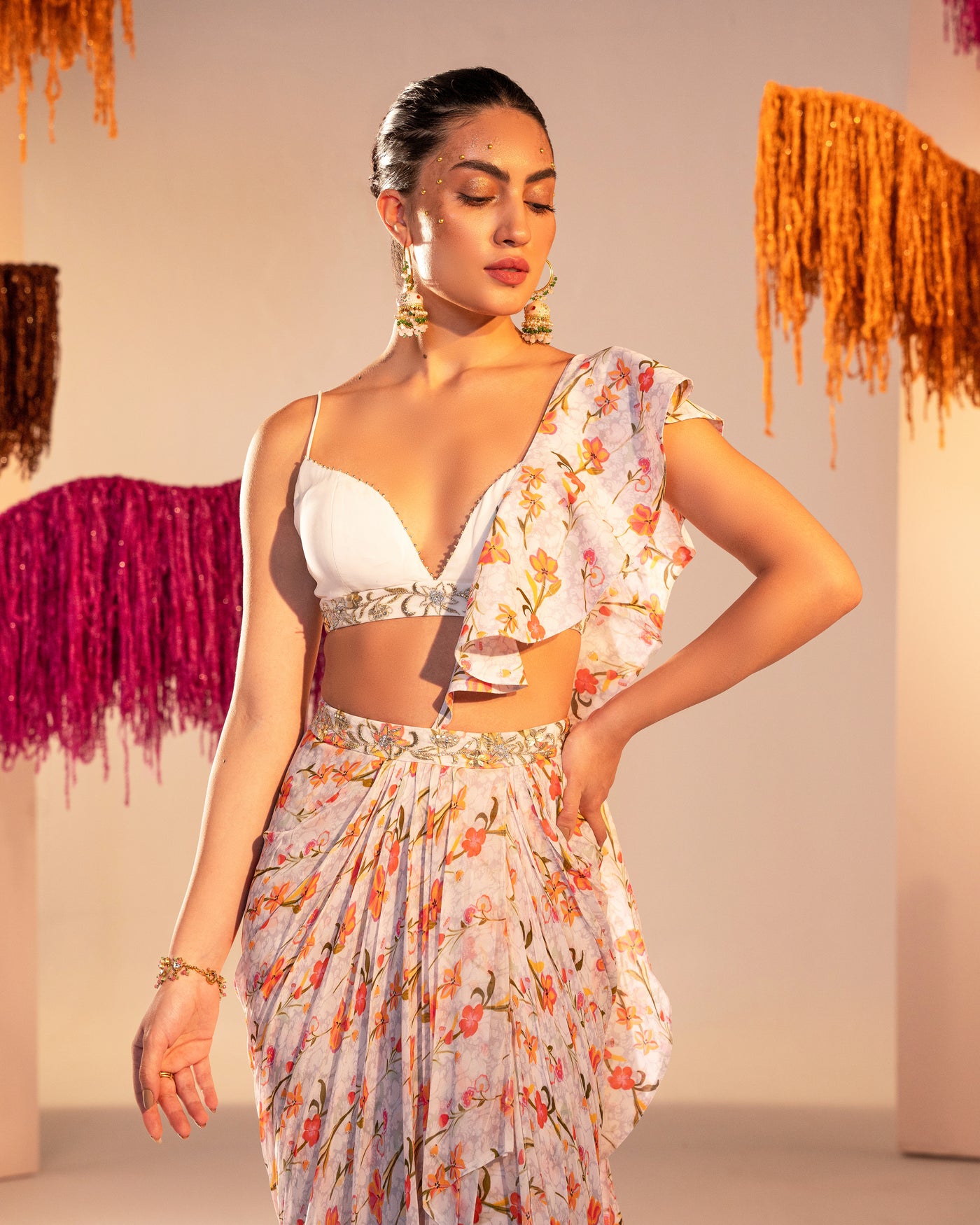 Printed Draped Skirt With Frill Dupatta | Georgette Bralette With Draped Saree