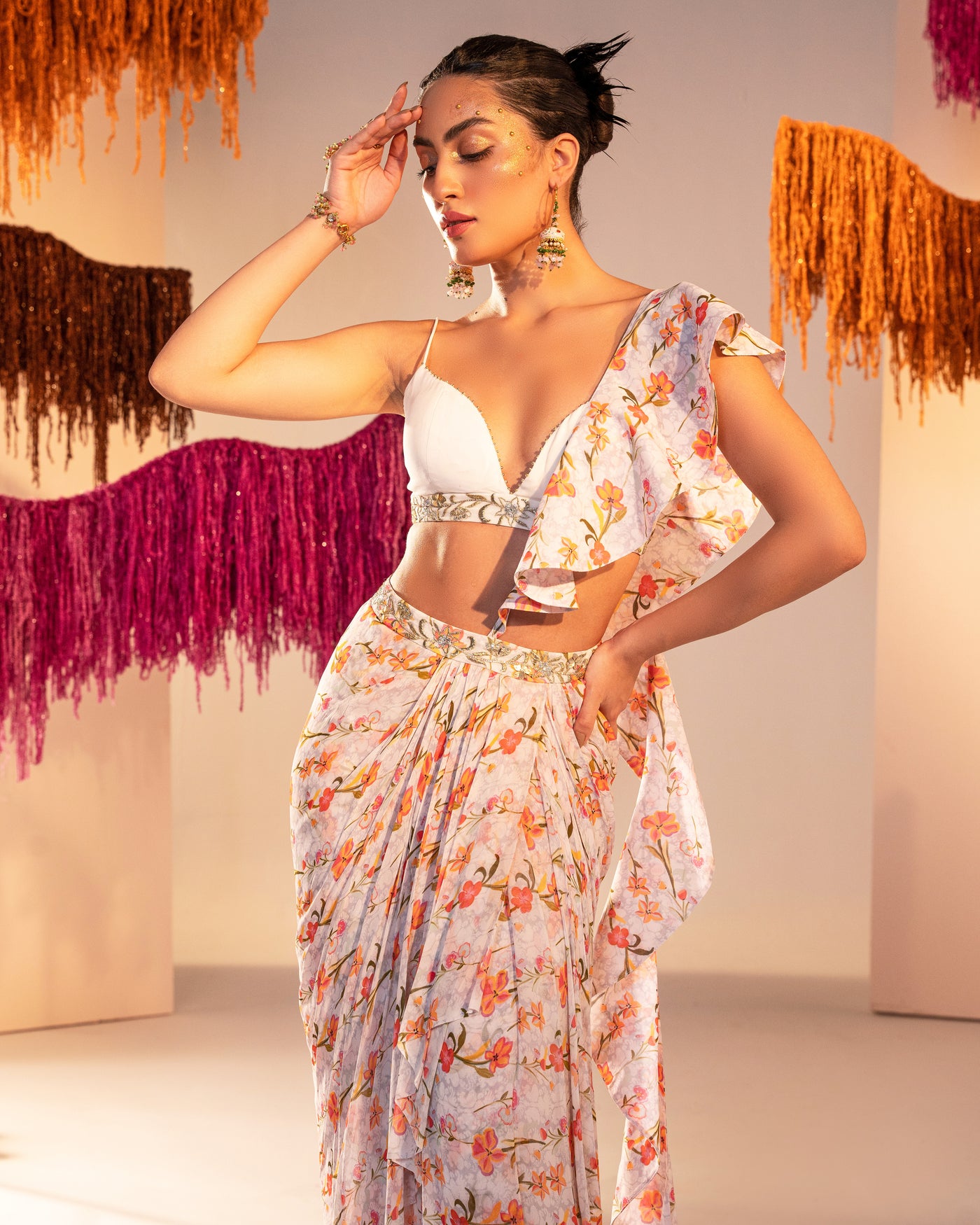 Printed Draped Skirt With Frill Dupatta | Georgette Bralette With Draped Saree