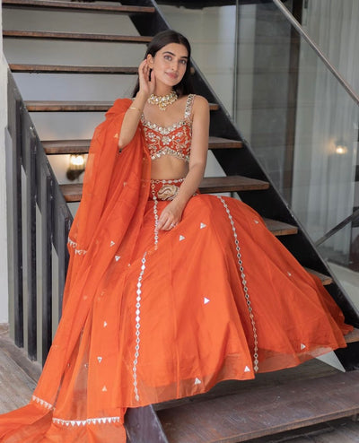 Bhavdeep Kaur in Mirror Work V-Hem Bustier With High Waist Mirror Lines Lehenga And Embroidered Dupatta