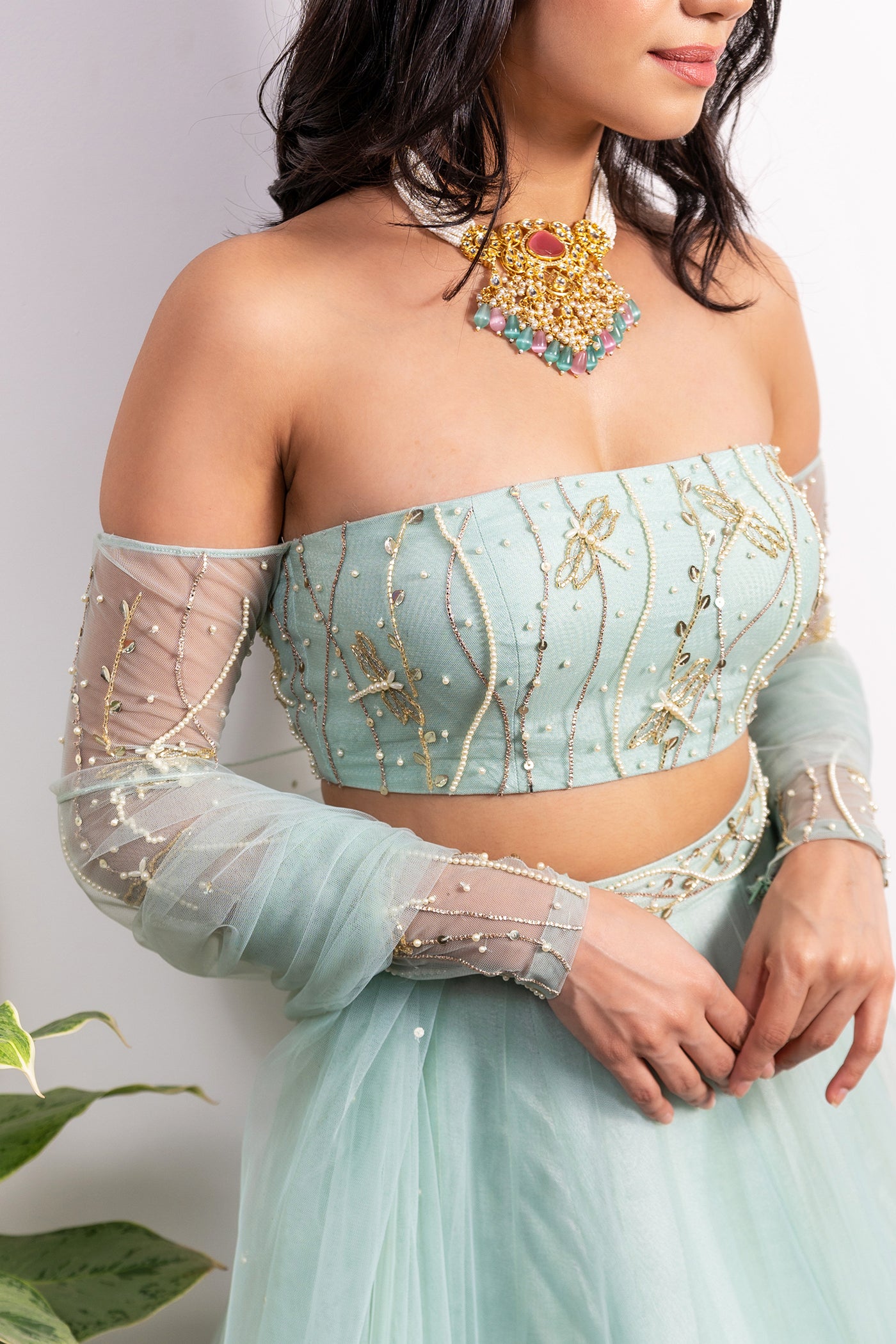 Off-Shoulder Embroidered Blouse With Pearl Tasseled Lehenga And Dupatta