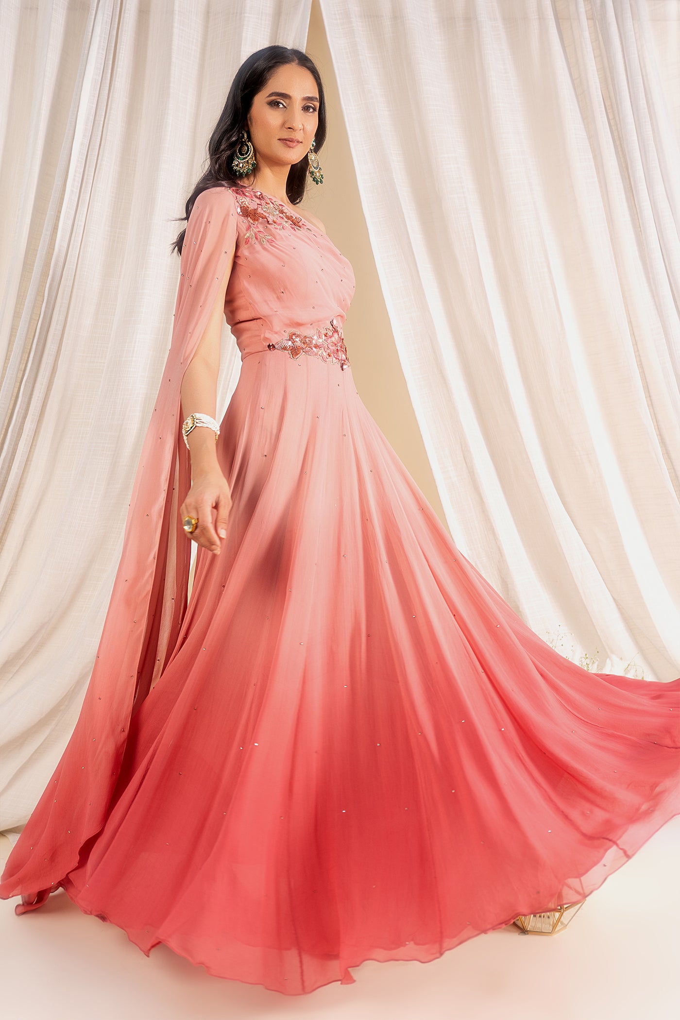 Georgette 1-Shoulder Floral Embroidered & Crystal Embellished Ombre Gown With Shoulder Drape