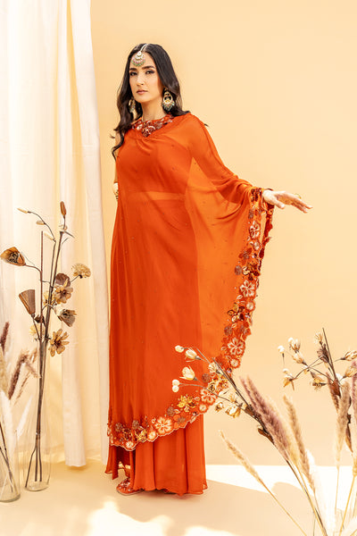 Floral Embroidered Drape With High Waist Pallazo And Blouse