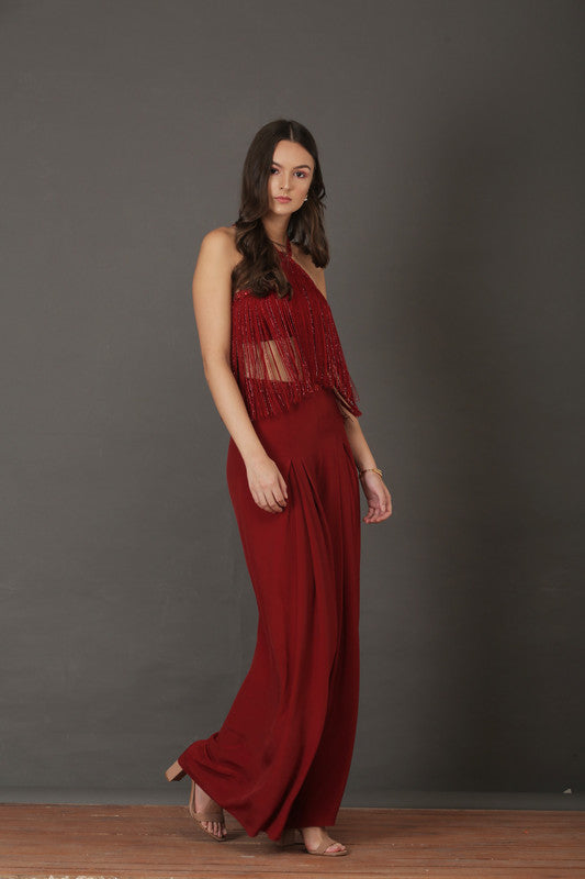 Red Embroidered Fringe Blouse And Pant Set