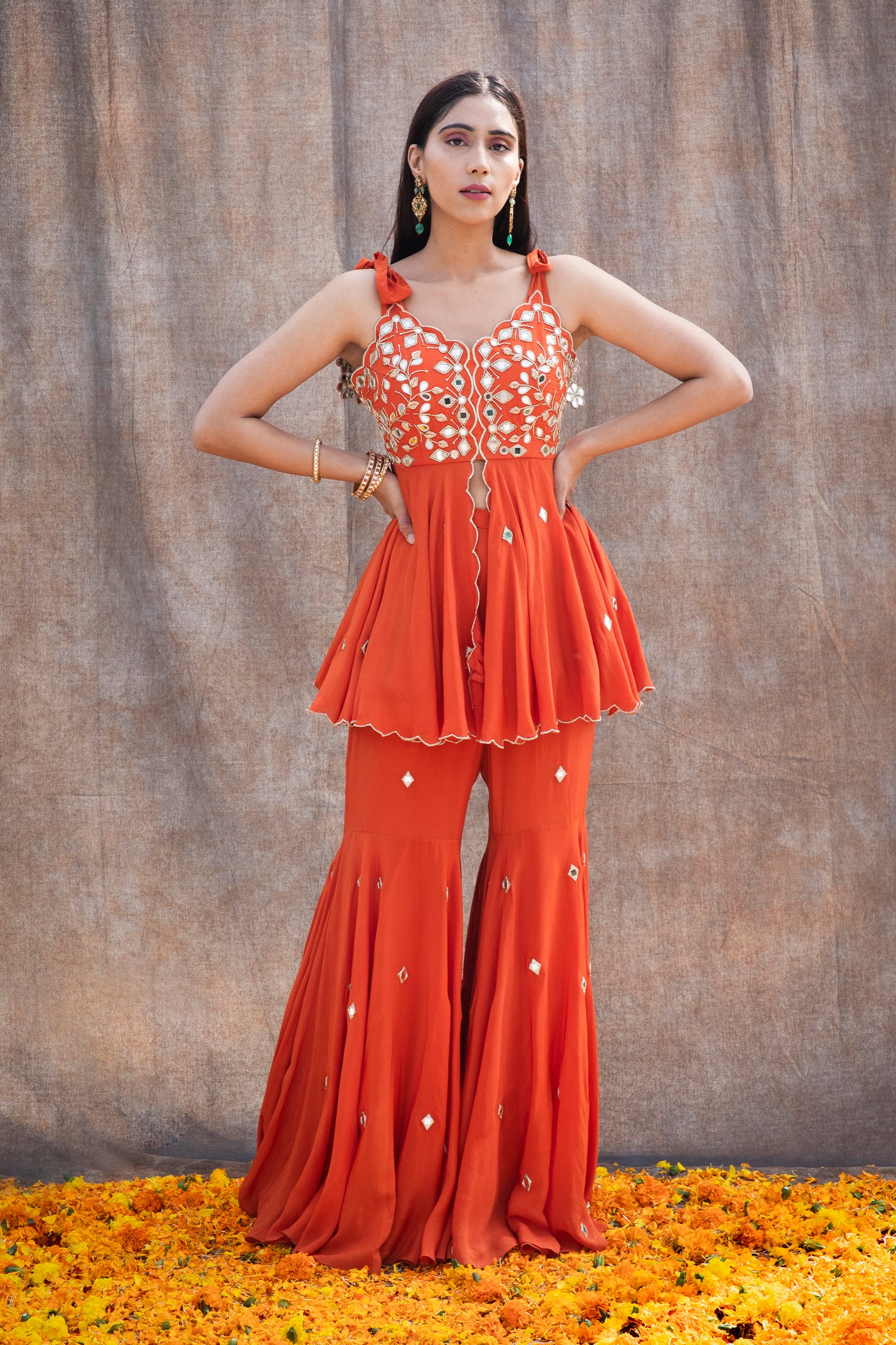Mirror Work Scalloped Peplum With Tie-Up Straps And Fit'N'Flare Pant Set