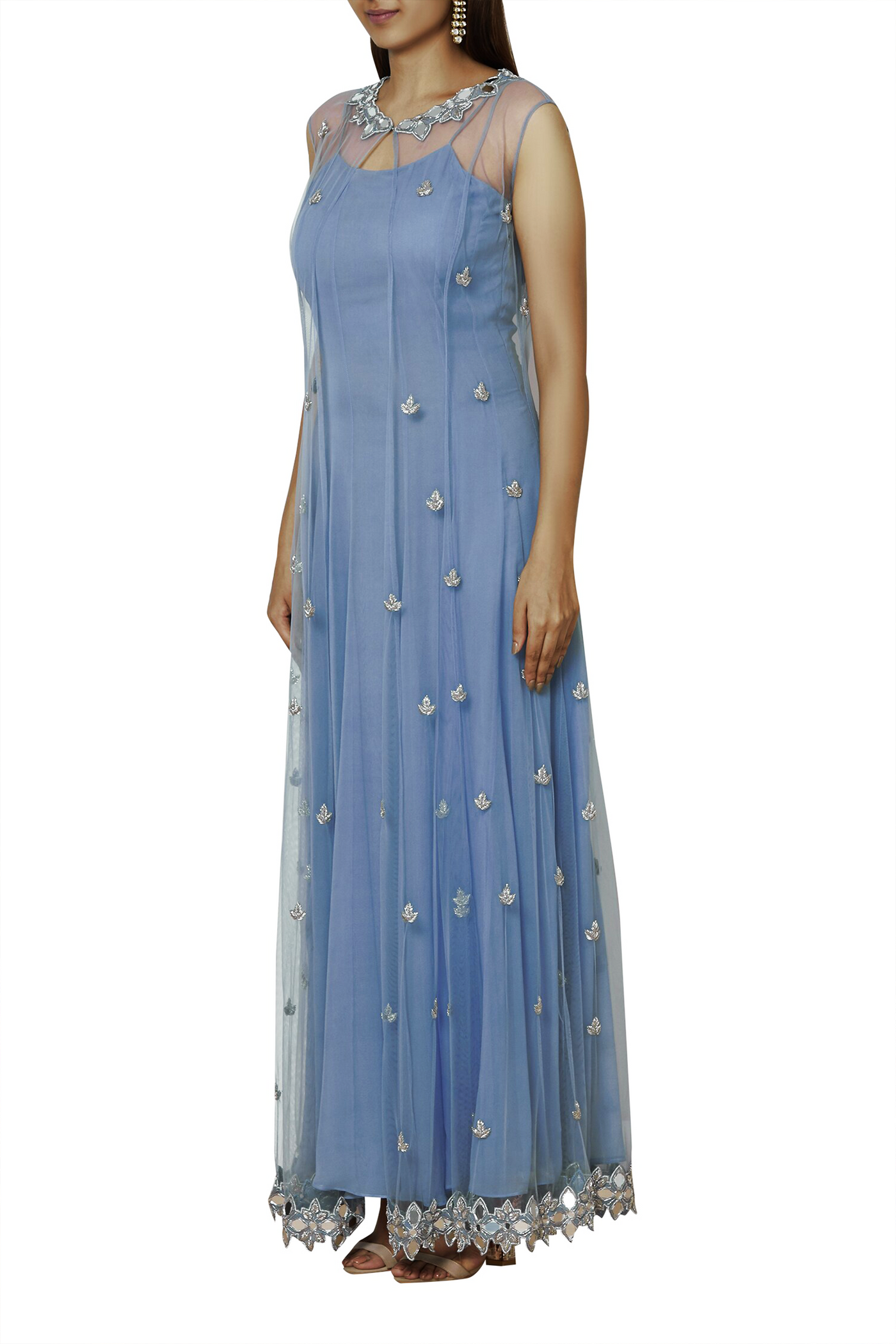 Net Floor Length Mirror Work Jacket With Plain Dori Strap Anarkali