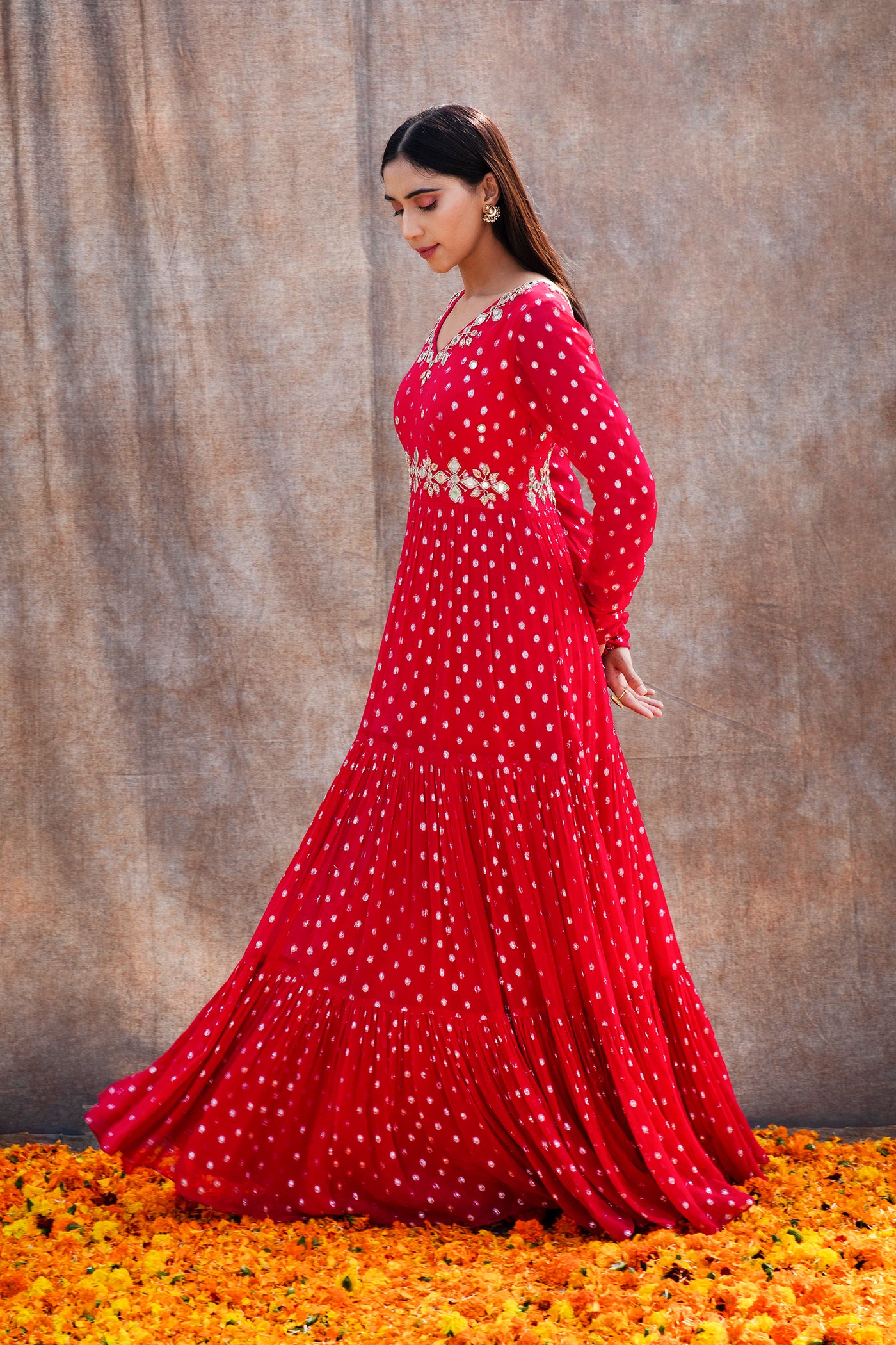 Mirror Work 3-Tiered Anarkali With Back Cut Outs And Embroidered Dupatta