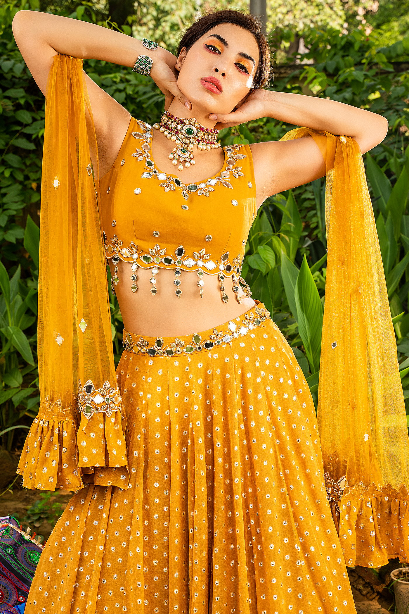 Lurex Georgette Lehenga With Scalloped Mirror Work Blouse And Dupatta