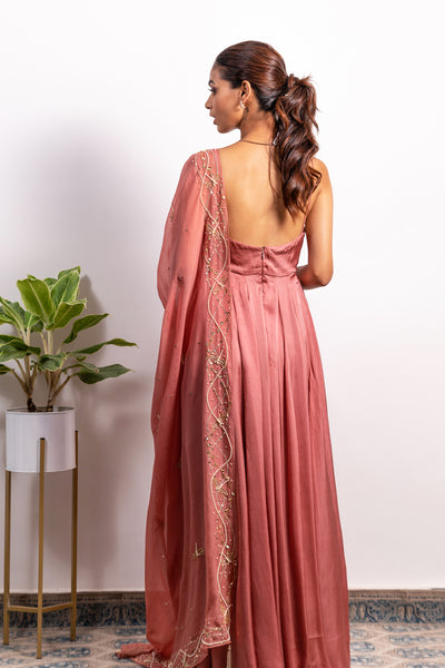 High Slit Cowl Neck Anarkali With Embroidered Dupatta (Without Slit Available)