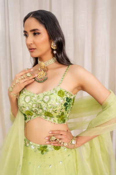 Organza Floral Belt Lehenga With Floral Embroidered Cutwork V-Hem Blouse & Organza Embroidred Dupatta