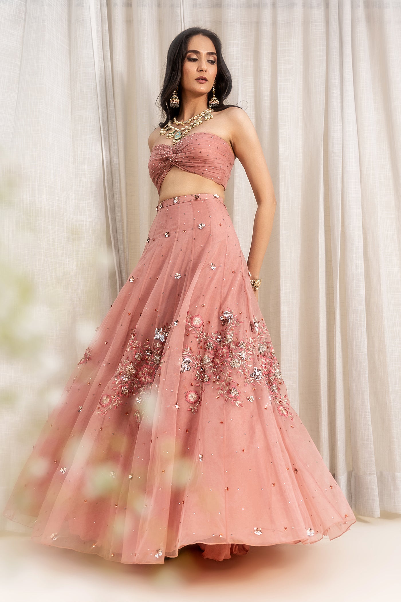 Organza Centre Knot Ruchhed Swaroski Crystals Scattered Tube Bustier With Floral Embroidered Lehenga & Dupatta