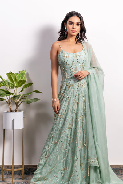 Pearl Strap Embroidered Panelled Anarkali With Dupatta
