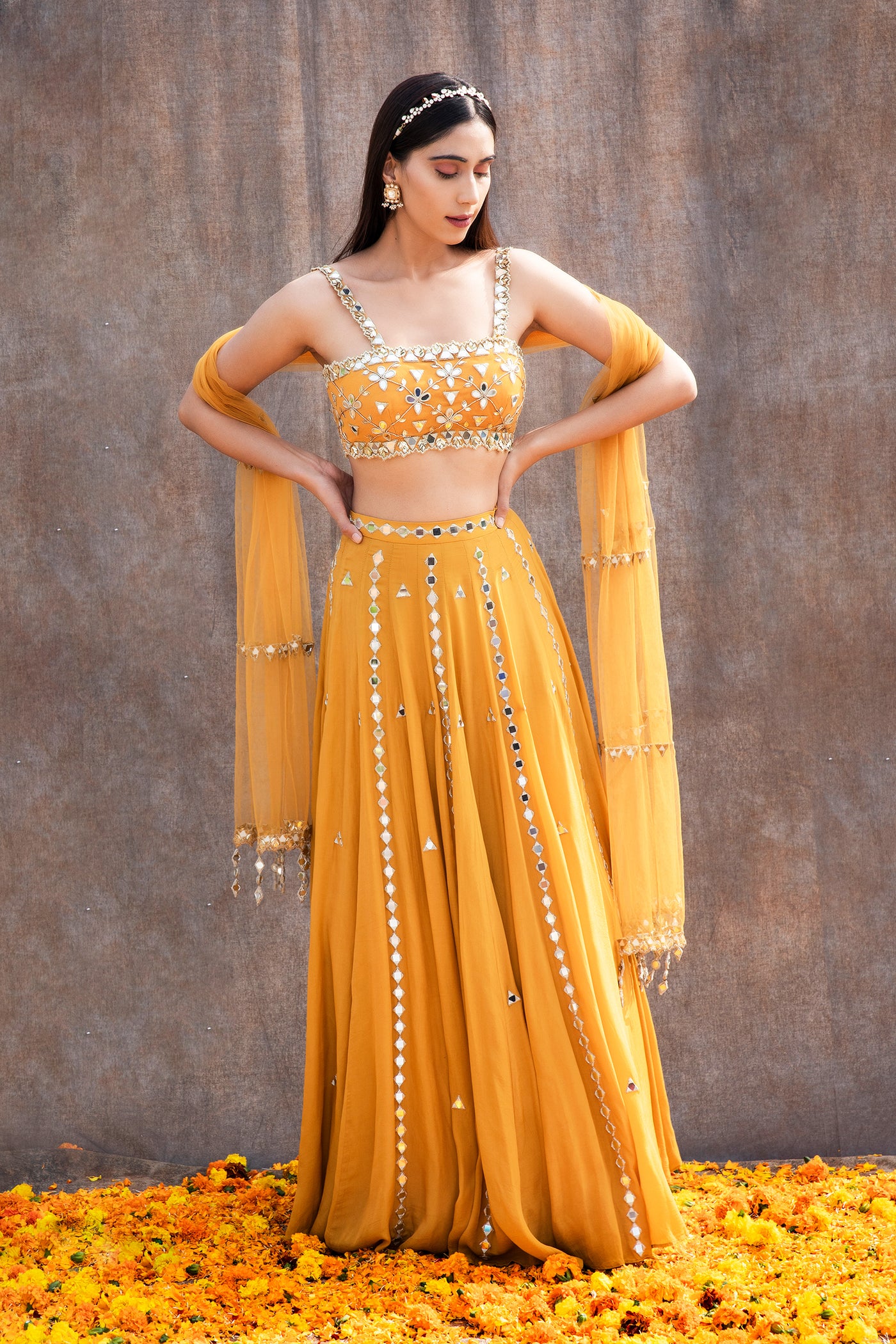 Mirror Work Bustier With High Waist Mirror Lines Lehenga And Embroidered Dupatta