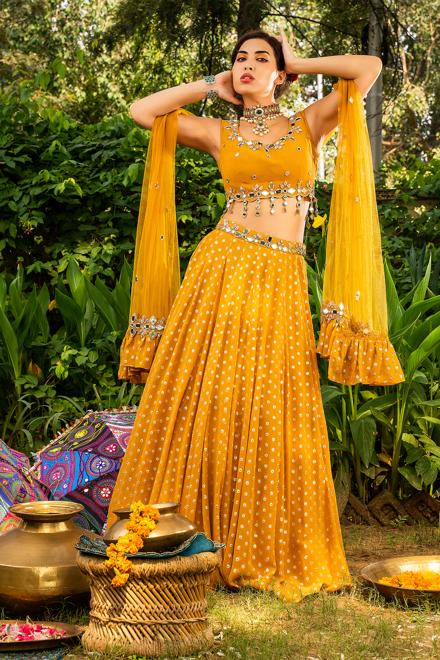 Lurex Georgette Lehenga With Scalloped Mirror Work Blouse And Dupatta