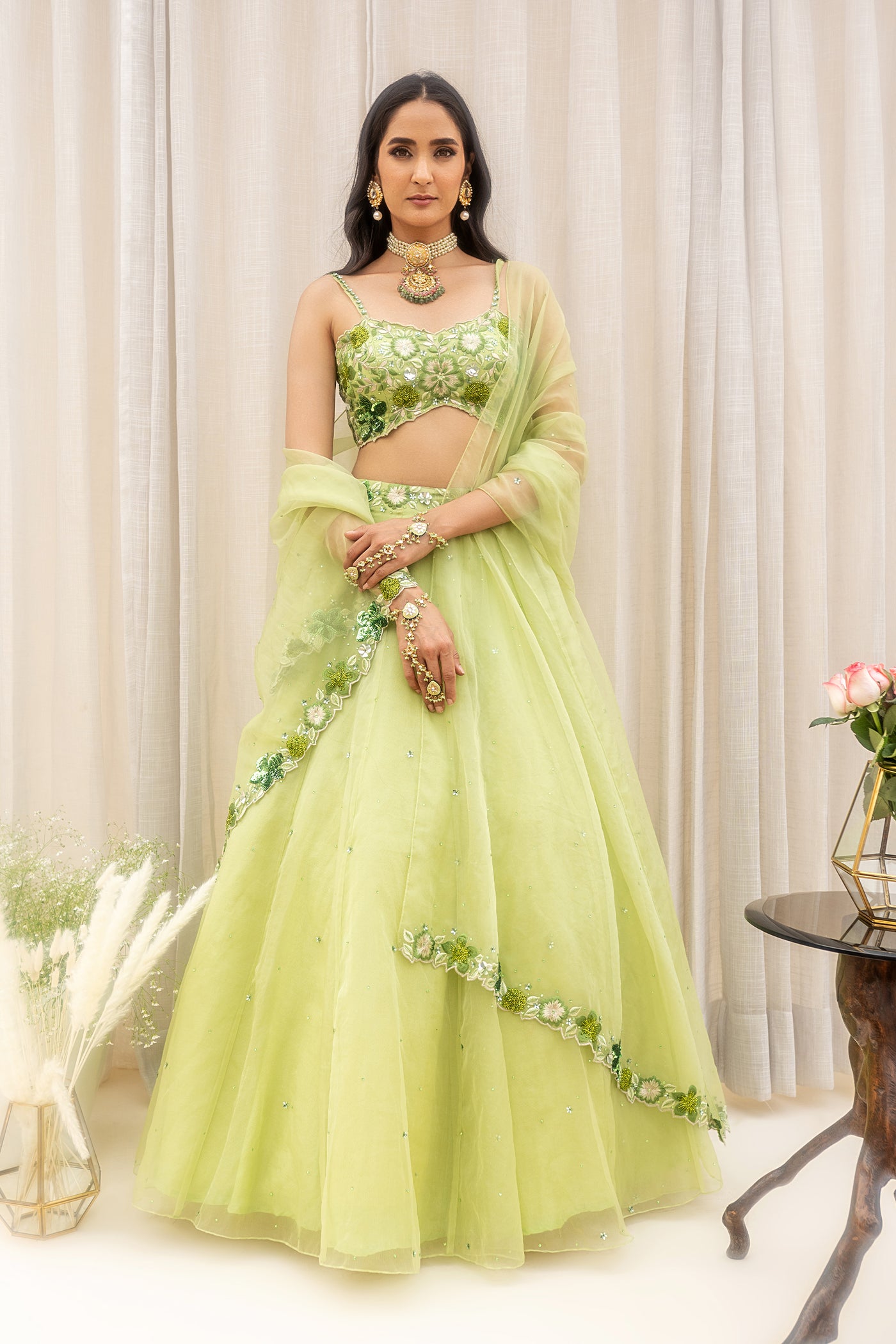 Organza Floral Belt Lehenga With Floral Embroidered Cutwork V-Hem Blouse & Organza Embroidred Dupatta