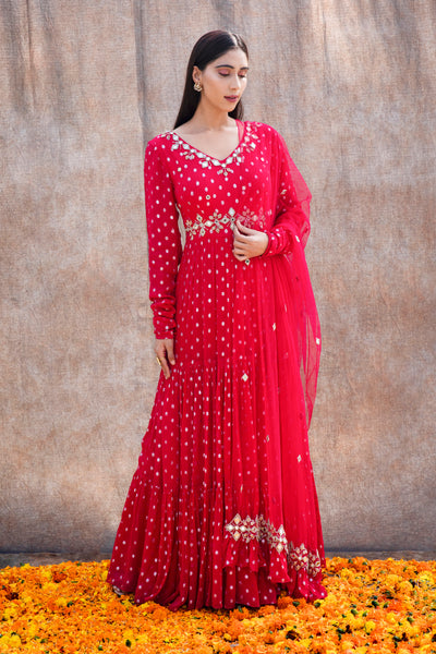 Mirror Work 3-Tiered Anarkali With Back Cut Outs And Embroidered Dupatta