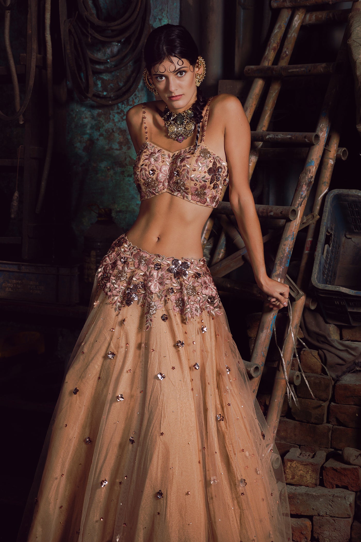 Floral Embroidery V-Hem Bustier With Embroidered Waist Lehenga & Floral Border Dupatta