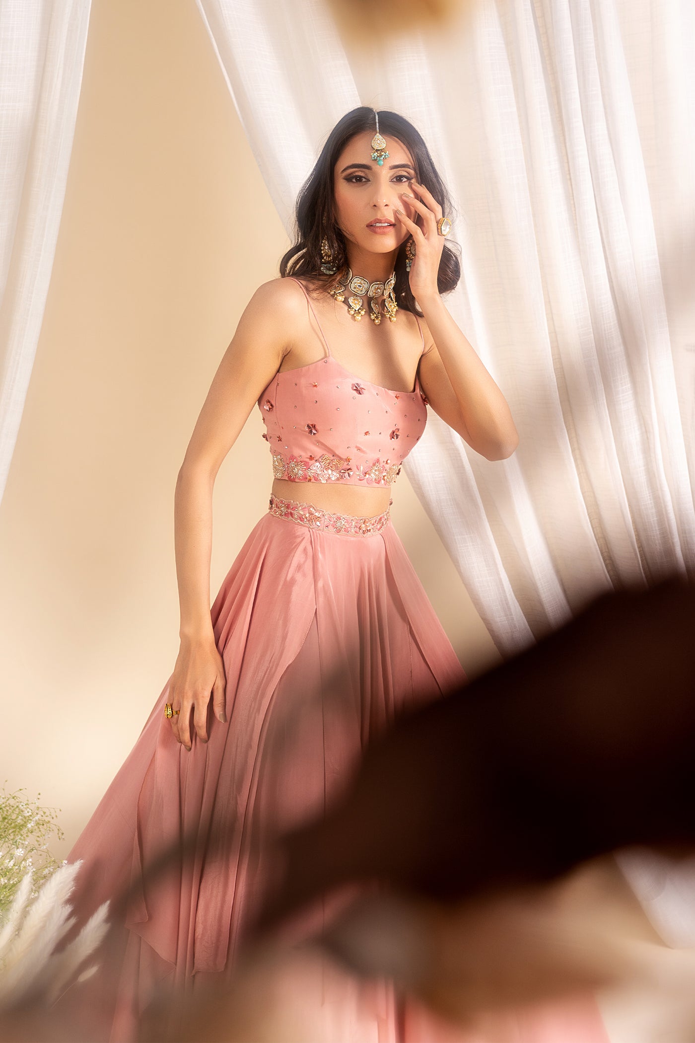 Crepe Scoop Neck Floral Border Bustier With Drapes Panelled Lehenga & Tulle Floral Embroidered Dupatta