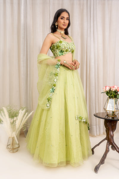 Organza Floral Belt Lehenga With Floral Embroidered Cutwork V-Hem Blouse & Organza Embroidred Dupatta