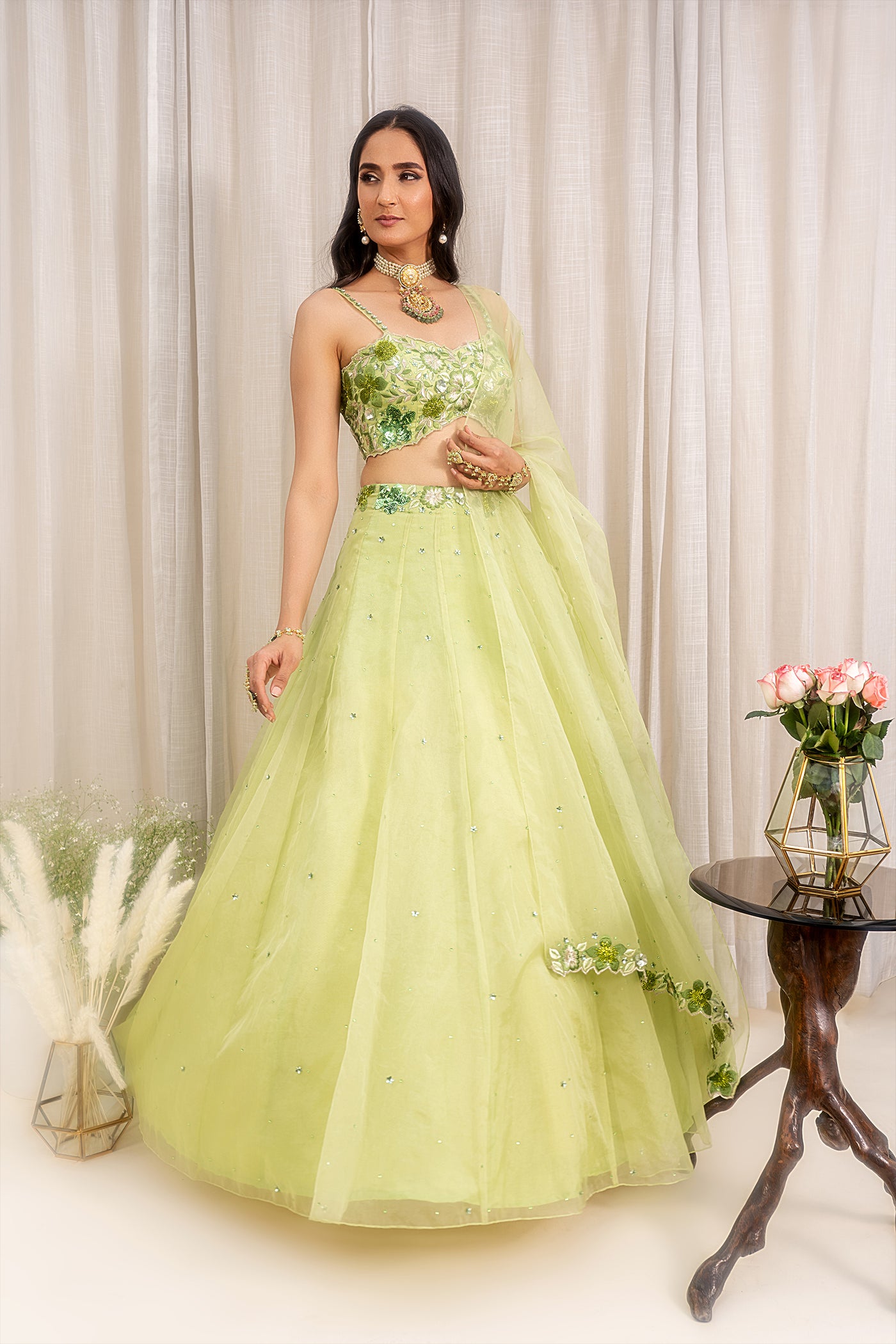 Organza Floral Belt Lehenga With Floral Embroidered Cutwork V-Hem Blouse & Organza Embroidred Dupatta