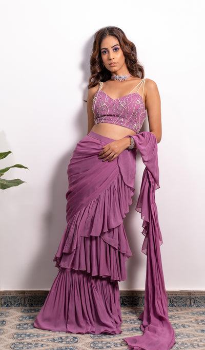 Frill Pre-Draped Saree With Pearl Strap Embroidered Blouse