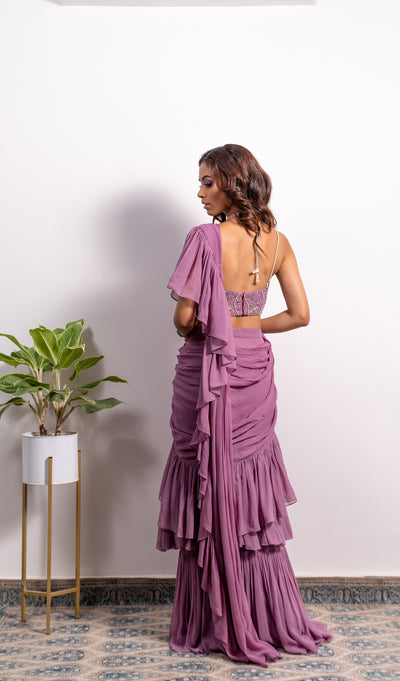 Frill Pre-Draped Saree With Pearl Strap Embroidered Blouse