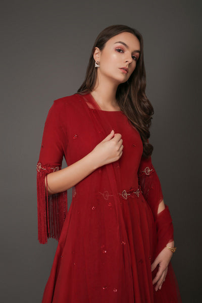 Red Fringe Crepe Anarkali