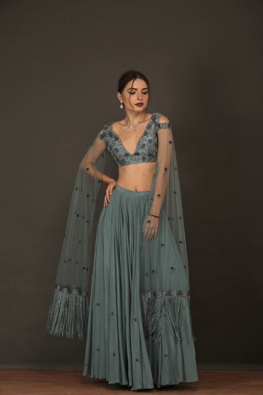 Teal Blue Crepe Lehnga With Floor Length Fringe Sleeves