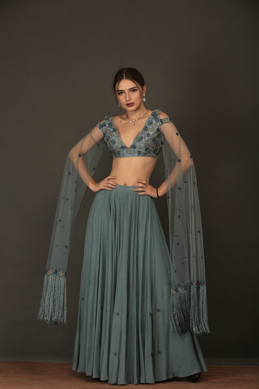 Teal Blue Crepe Lehnga With Floor Length Fringe Sleeves