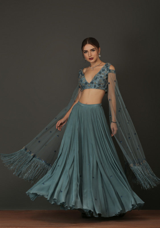 Teal Blue Crepe Lehnga With Floor Length Fringe Sleeves