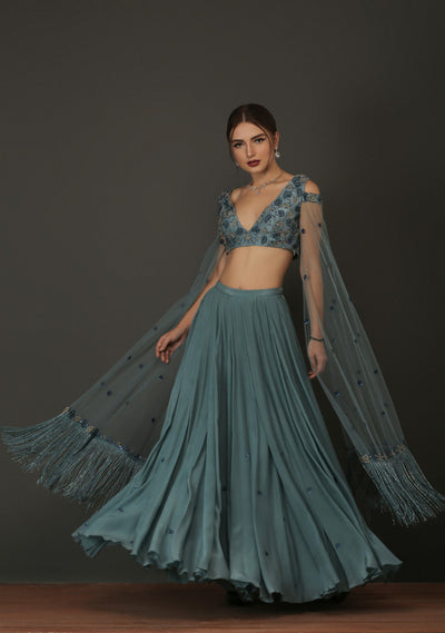 Teal Blue Crepe Lehnga With Floor Length Fringe Sleeves