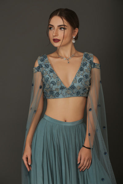 Teal Blue Crepe Lehnga With Floor Length Fringe Sleeves