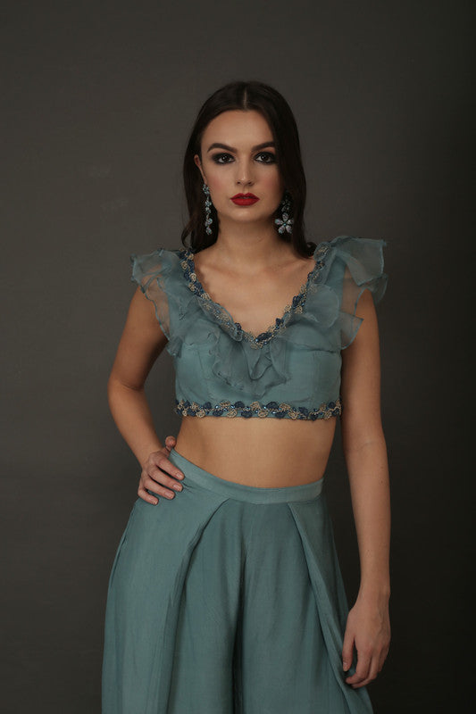 Teal Blue Organza Frill Crepe Blouse And Pant Set