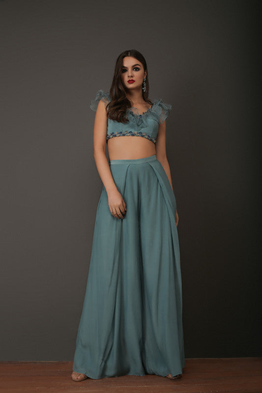 Teal Blue Organza Frill Crepe Blouse And Pant Set