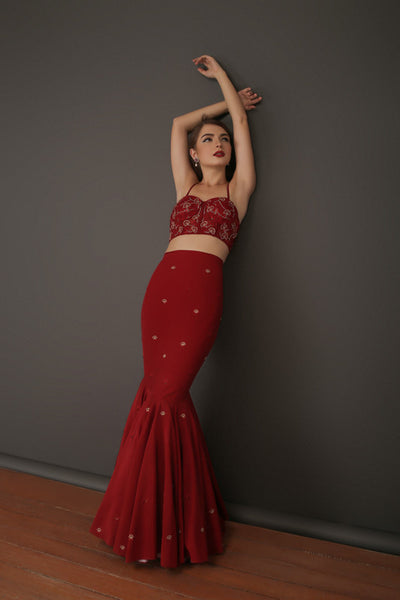 Red Crepe Mermaid Lehenga With Organza Corset