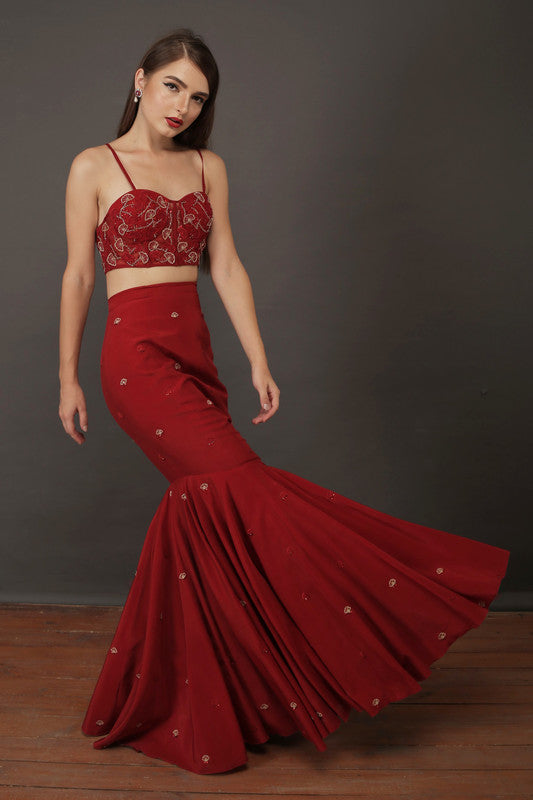 Red Crepe Mermaid Lehenga With Organza Corset